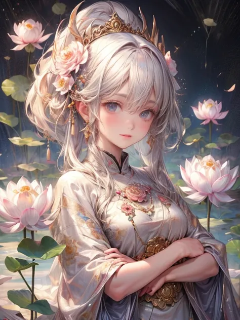 masterpiece:1.2, highres, 8k, ultra-detailed:1.2, beautiful detailed:1.2, Senju Kannon Bodhisattva, sitting on a lotus flower, center of mandala, smile gently, sparkling eyes, bright rosy lips, beautiful delicate(hair,face,eyes,lips,clothes,lotus flower), ...