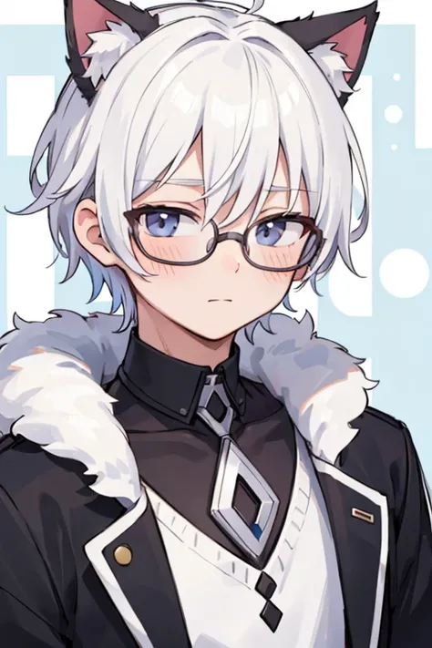 Male 20 to 30 years old with white hair and cat ears, glasses with centered pattern on multi-layered background