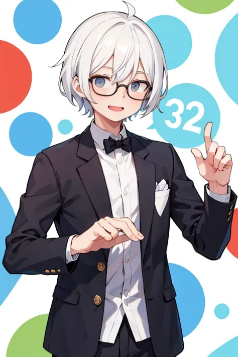 A 20 to 30-year-old man with white hair and glasses with a centered pattern on a multi-layered background is happy and cheerful