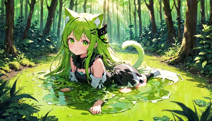 Cute girl, melted mucus, sticky liquid, green puddle, cute girl, woman with long hair, moving mucus, cat ears, in the forest,froced,fin,cloase,skelton,chat ear