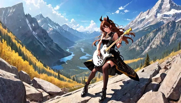 A rocky mountain top where a rockstar character strums a guitar fiercely,woman,forlin gote