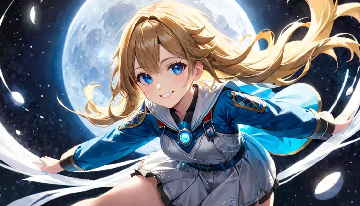 masterpiece, highest quality, Super detailed, figure,1 girl, looking at the viewer, highest quality,Depth of the bounds written,(closed mouth,light smile,blue eyes:1.1) BREAK  on the moon ,geta way,altanativ