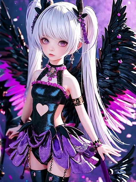 (masterpiece, best quality:1.2), 1 Girl, solo, White hair, Black Wings, wearing purple clothes, Decorated with pink hardware, anime style character, (whole body:1.3), Various postures, Black rainbow foil and dark purple gradient effect, It has exquisite de...