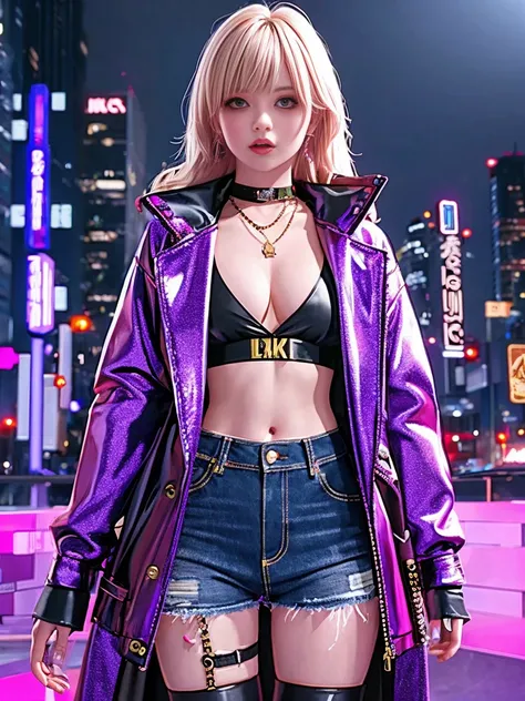 (Representative :1.2), 16k, neon background, Cyberpunk background, Cyberpunk, get off the sports car, Neon lighting effect reflected on the characters body, neon lighting effect, line neon,1 girl, night, blurred background, brown eyes, cowboy, denim jacket...