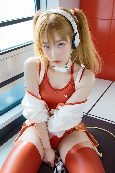 (Top view),Dynamic Angle,Super detailed, illustration, close up, straight on, 1 Girl, 
 ((Soryu Asuka Langley, interface headset, Red tights:1.4, Blonde)),Her eyes shone like dream stars,(Glowing eyes:1.233),(Beautiful and delicate eyes:1.1),(Expressionles...