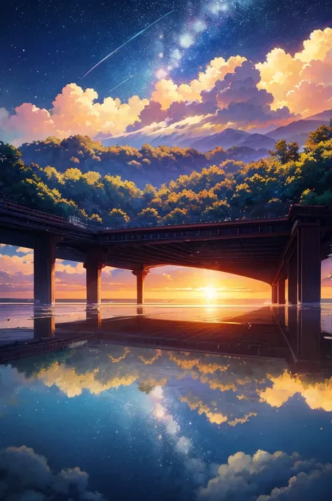 High-quality masterpieces, landscape, cloud, Cartoon train passing a body of water on the tracks in the distance, Bright starry sky. tourists, romantic lighting, PIXIV, concept art, Lofi art style, reflection. Shinkai Makoto, Luo Fei Art, Beautiful anime s...