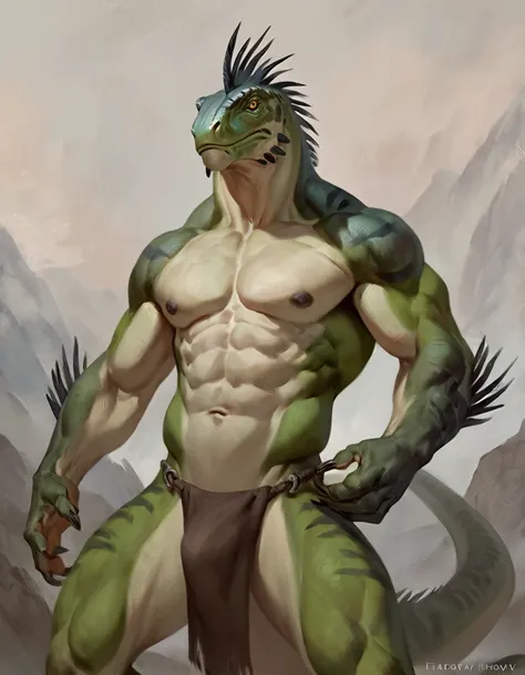 Iguana, comic book style, illustration, solo, ferocious, male, [[masculine pose]], loincloth, masterpiece, best art, full body, by laobai, by taran fiddler, by honovy, detailed eyes, detailed body, claws, masculine body shape, tall, topless, pecs, abs, nip...