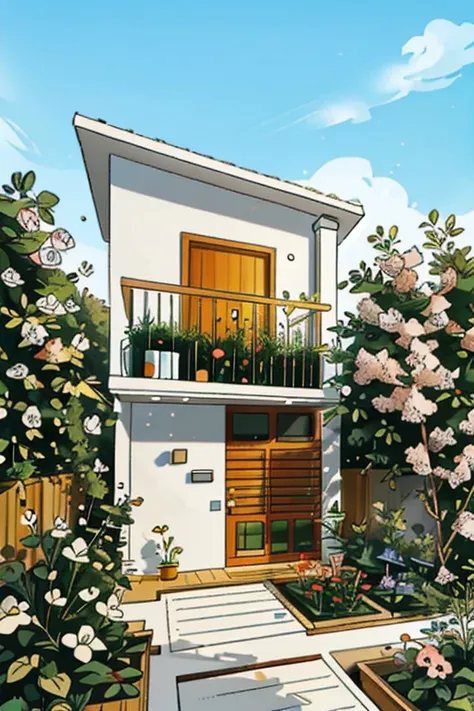 two storey minimalist house with 200sqm lot white and wood design, with half court and a beautiful garden with lots of flowers