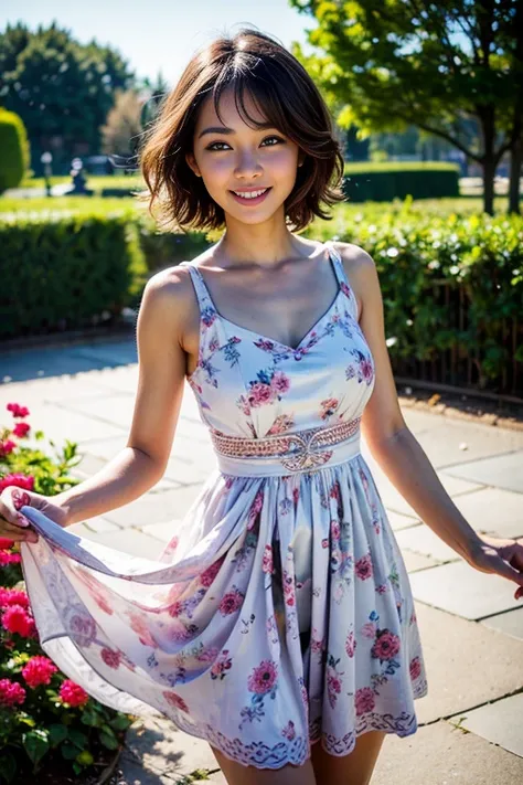 masterpiece, best quality, absurdres, perfect antomy, 1girl, solo, PascalTales, short hair, beautiful, cheerful, sunny day, botanical garden, summer breeze, sundress, floral pattern, wavy hair, smiling