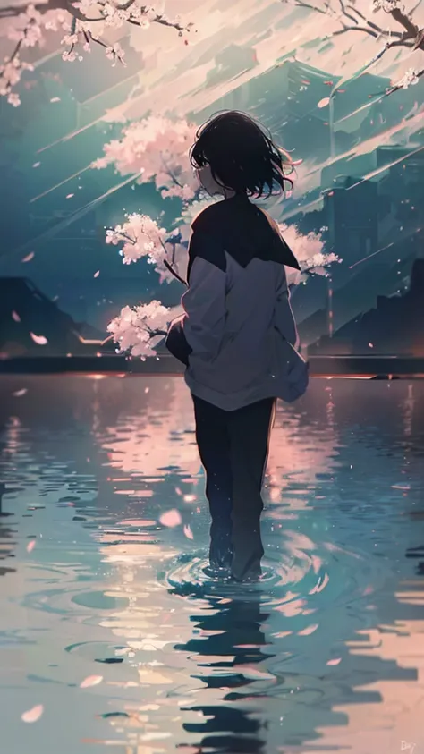 Product illustration for  boy in the Wind,cherry blossoms,In water,water,black hair,white skin,Pale complexion,Light skin tone,face forward,Are standing,Walking along the cherry blossom trees