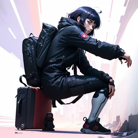 Wearing、Close-up of a person with a backpack, The style of red-line anime movies, Invisibility Suit, Trigger anime art style, 2 0 2 2 Anime style, 2022 anime style, Similar to Ghost in the Shell, Cartoon shading animation, Adult cartoon animation, Metal Ge...