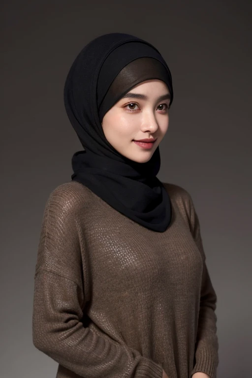 a 20 yo woman,hijab, sweater, dark theme, soothing tones, muted colors, high contrast, (natural skin texture, hyperrealism, soft light, sharp), simple background, smile, natural beauty, full body photo shoot