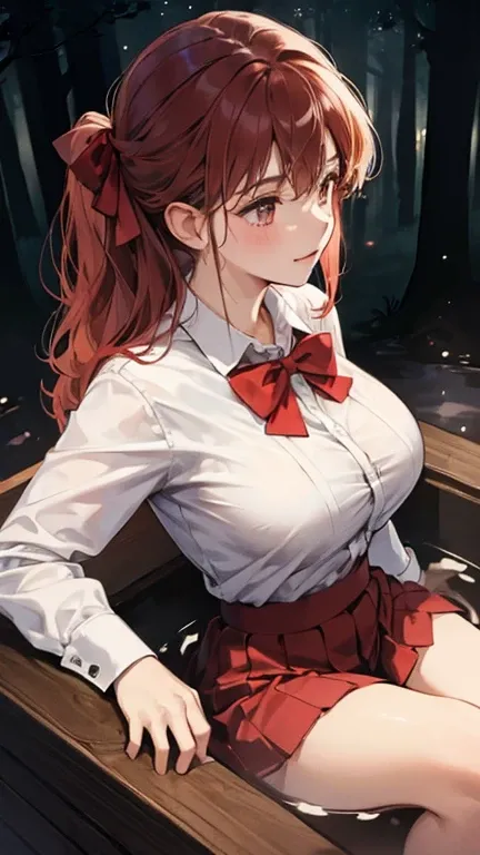 (in the dark:1.6) , Soak in hot tub , school girl in an forest , red knot , red bow , white Shirt , big breasts , big tits