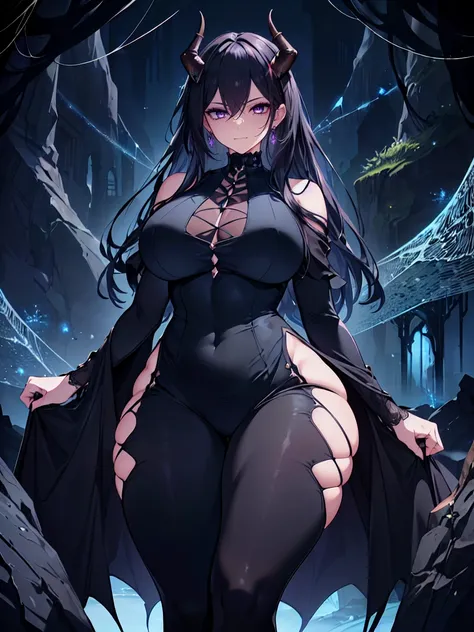 (Uhd, Masterpiece, Textured Skin, Super Detail, High Details, High Quality, Best Quality), Detailed Face, 1woman, mature pretty woman, ((wide hips, thick thighs)), ((Long Dark Blue eyes hair)), ((Black Sexy Rpg dress), (Pants), (Spider, Web, Silk), (Oni Ho...