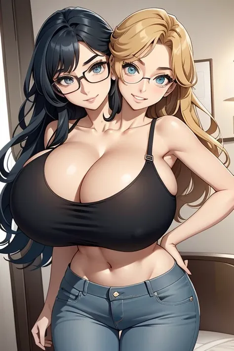 2 heads, a short thin woman with 2 heads. Extremely huge breasts. In a bedroom. Wearing a tiny bra. Wearing jeans. Young. Happy. Thin face. Seductive eyes. Long messy hair. Sexy. Smiling. Gigantic breasts. Nerdy, sexy nerd appearance. Deep cleavage. Hard n...