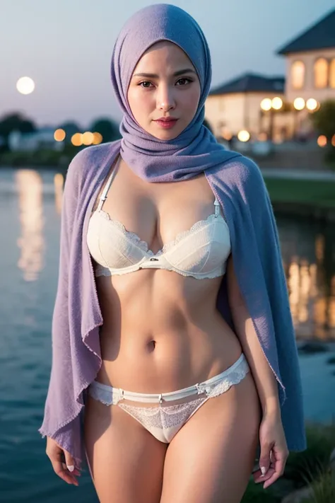 best quality, ultra-detailed, an extremely delicate and beautiful, depth of field, ultra high res, (photorealistic:1.4), 1 milf, long pashmina hijab, bikini lingerie wear, cute, lakeside, (night:1.5)