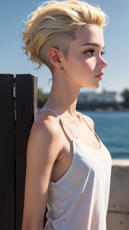 20-year-old woman, blonde, (High Top Fade:1.3), Dark Theme, Calm tone, Calm colors, High Contrast, (Natural skin texture, Hyperrealism, Soft Light, sharp)