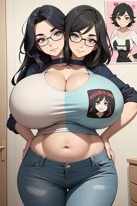 2 heads, a short thin woman with 2 heads. Extremely huge breasts. In a bedroom. Wearing a colorful belly shirt with a graphic on it. Wearing jeans. Young. Happy. Thin face. Seductive eyes. Long messy hair. Sexy. Smiling. Gigantic breasts. Nerdy, sexy nerd ...