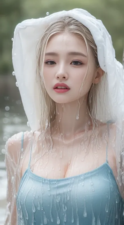 ((highest quality, 8k, masterpiece:1.3)), Beautiful woman with perfect figure:1.4, Protruding cleavage:1.5, (Perfect breasts:1.2), (Wet clothes:1.5) , Bandeau:1.4, Detailed eyes, double eyelid，Snow-white skin，Long white hair