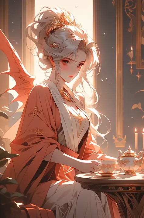 Night, melancholic succubus, seated gracefully at a tea table atop her towering citadel. She gazes pensively across the vast desert expanse below. The scene is bathed in a surreal, ethereal red glow, with shadows dancing around her in the soft, golden ligh...