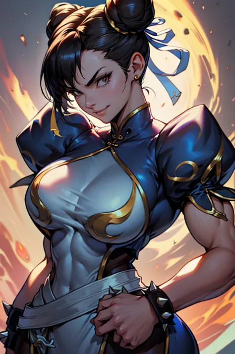 chun li,mulher jovem,short black hair , badass , colan,May,coxas torneadas,Evil Smile,,chifres de cabelo,detalhes do corpo,low yellow lighting,raios de luz belo corpo detalhado
