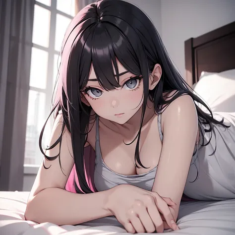 Solo, woman, laying on the a bed (((white skin))),  grey big eyes (emphasize on grey eyes)  (light grey eyes) (full body) (pink beautiful bed) (black hair)