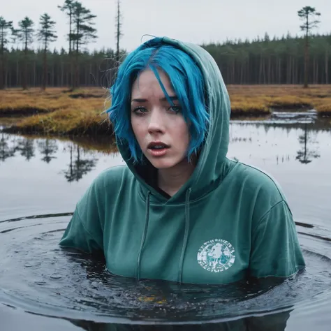 an woman with blue hair and a hoodie drowning in bog