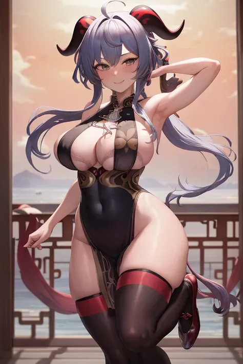 masterpiece, best quality, beautiful art, high resolution, well formed hands, body and fingers, 1 woman, solo, Ganyu, goat horns, adult, grown up,  big breasted, cleavage full body, wearing a Bremerton kung Fu cruiser outfit, hair ornament, gorgeous legs a...