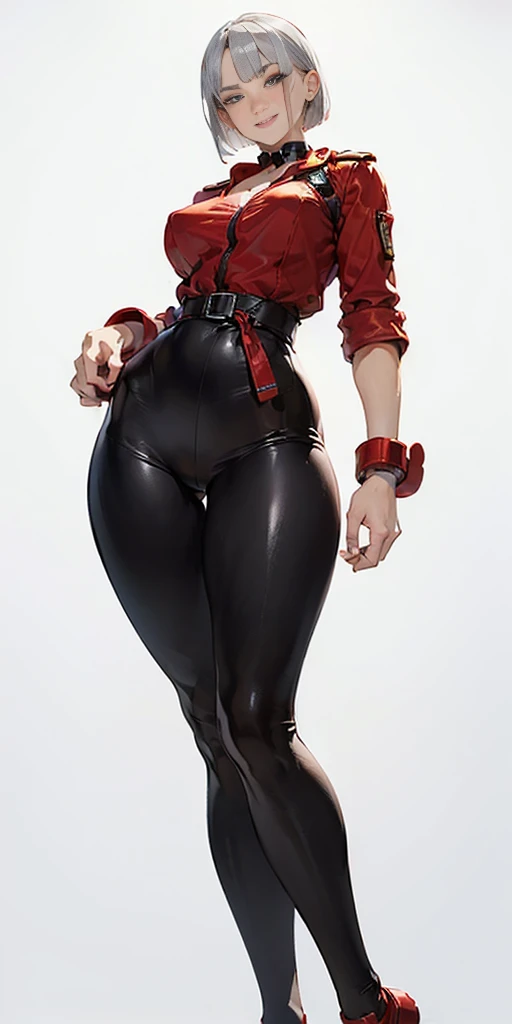 (Plain background 1:2) (Cammy White Street Fighter with white silver short bob haircut) Female full body standing straight symmetrical feet together with strong tights, huge belt around waist line and hips (pinched eyes, (big-:1.5) thin legs, thin body, le...