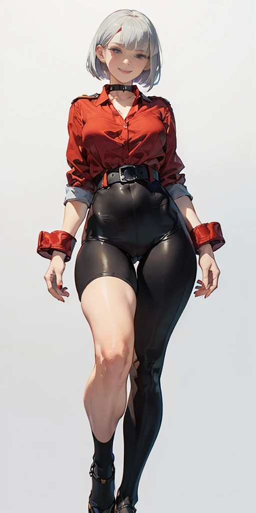 (Plain background 1:2) (Cammy White Street Fighter with white silver short bob haircut) Female full body standing straight symmetrical feet together with strong tights, huge belt around waist line and hips (pinched eyes, (big-:1.5) thin legs, thin body, le...