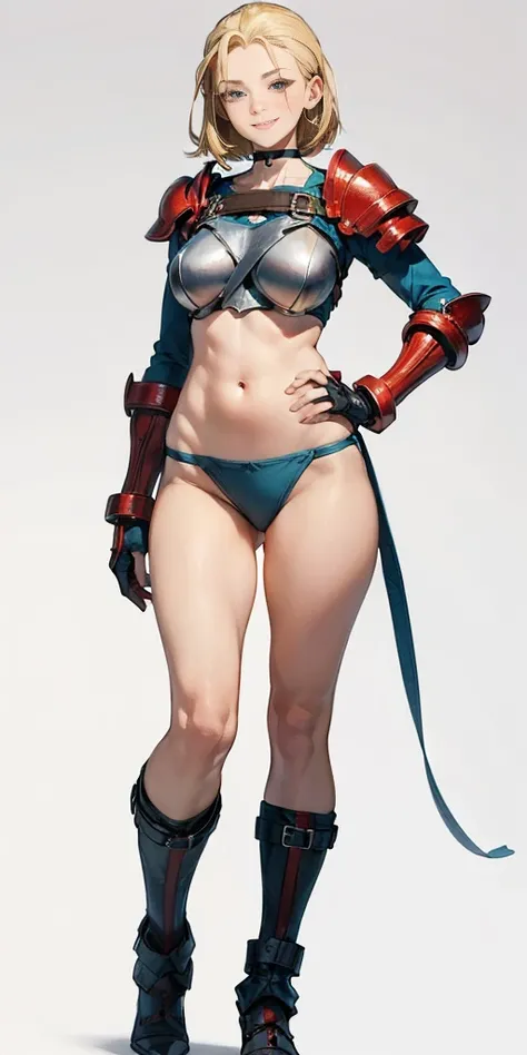 ((Plain background 1:2)) (Cammy White Street Fighter 6) Female full body standing straight symmetrical, (breastplate, choker, bracers, handcuffs, shackles, rerebrace, armored, high boots bootstraps, shoulder armor, faulds, poleyn, gloves, gauntlets), lustf...