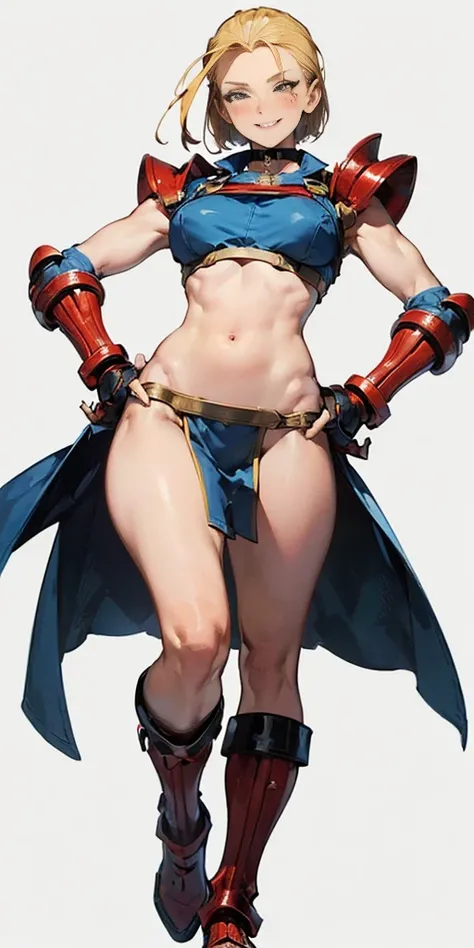 ((Plain background 1:2)) (Cammy White Street Fighter 6) Female full body standing straight symmetrical, (breastplate, choker, bracers, handcuffs, shackles, rerebrace, armored, high boots bootstraps, shoulder armor, faulds, poleyn, gloves, gauntlets), lustf...