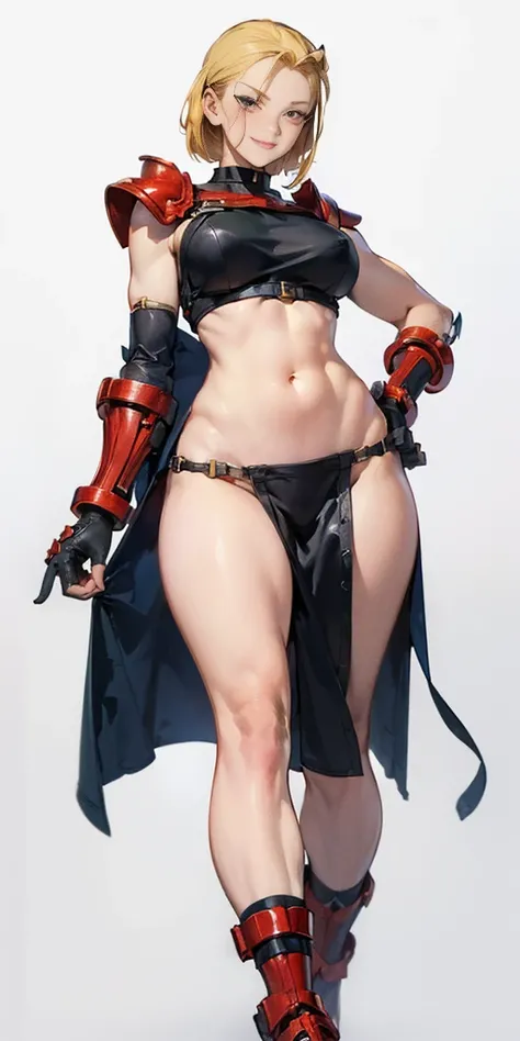 ((Plain background 1:2)) (Cammy White Street Fighter 6) Female full body standing straight symmetrical, (breastplate, choker, bracers, handcuffs, shackles, rerebrace, armored, high boots bootstraps, shoulder armor, faulds, poleyn, gloves, gauntlets), lustf...