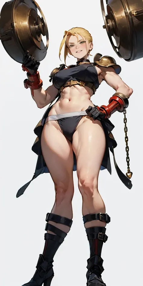 ((Plain background 1:2)) (Cammy White Street Fighter 6) Female full body standing straight symmetrical, (breastplate, choker, bracers, handcuffs, shackles, rerebrace, armored, high boots bootstraps, shoulder armor, faulds, poleyn, gloves, gauntlets), lustf...