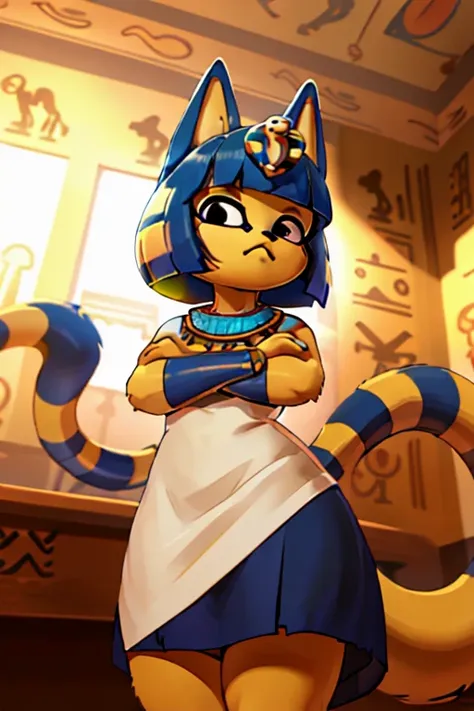 absurdres, highres, ultra detailed, ankha, solo, catgirl, , blue hair, hair ornament, yellow skin, black eyes, white dress, stan...