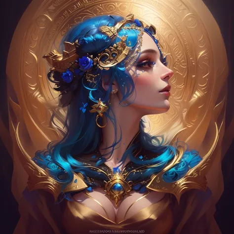 a painting of a woman with a gold headpiece and a blue hair, a stunning portrait of a goddess, goddess portrait, beautiful fantasy art portrait, stunning digital illustration, portrait of a beautiful goddess, fantasy art behance, detailed matte fantasy por...