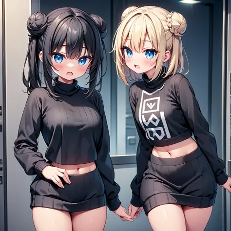 (cute eyes:1.2), (sparkling eyes:1.2), highest quality,wonderful,finely,extremely detailed CG Unity 8K wallpaper, (girl, cute eyes, Black Hair, Blue Eyes, double bun, clothed), virgin killer sweater, (sweater dress:1.2), (ribbed sweater,sideboob, turtlenec...