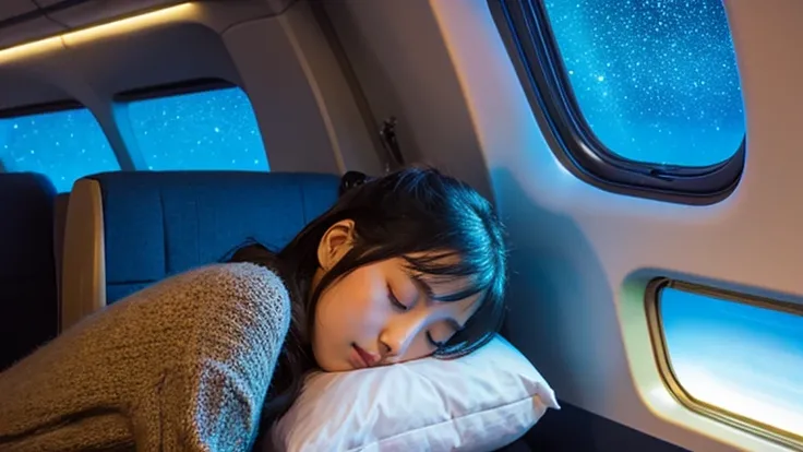 Beautiful Japanese girl sleeping,The starry sky is visible from the window of the passenger plane.,