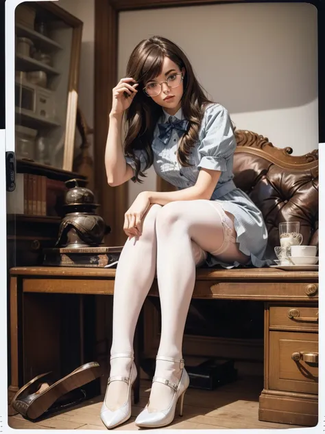 ((detailed eyes)), mary jane shoes, full body, sit on desktop, white stockings, glasses, cute body, cute face, alice in wonderla...