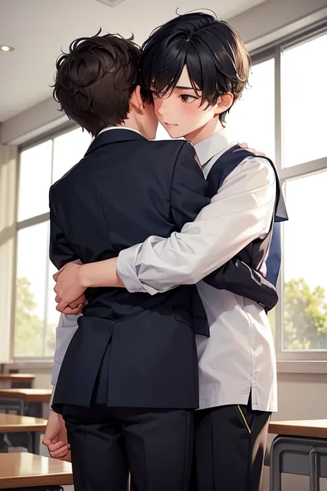 2boy,(senior boy is hugging junior boy from behind),boys school-uniform, small mouth,at school,evening time,Diversity,

beautiful lighting, dynamic angle, sharp,