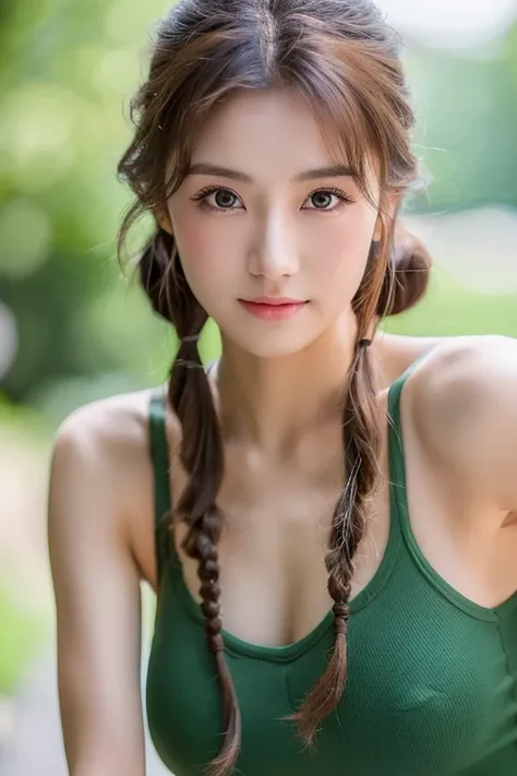 ((Best quality, 8k, Masterpiece :1.3)), 1girl, Pretty woman with emphasizing slender abs :1.3, (random hairstyles :1.2), Oversized tank top :1.2, Ultra-detailed face, Detailed eyes, Double eyelid, armpit, big boob