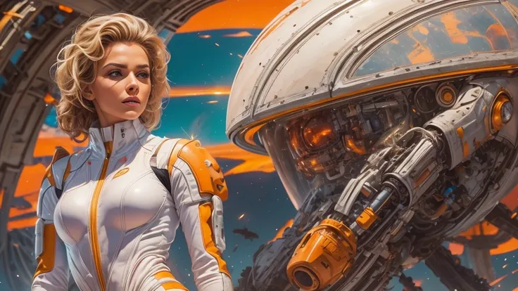 arafed image of a white woman in a futuristic suit with a spaceship in the background, movie art, in front of an orange background, inspired by Robert McGinnis, female protagonist, megastructure in the background, portrait of an ai astronaut, astronauts, a...