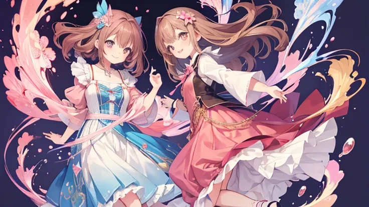 Anime Style,highest quality, masterpiece,Pink and brown hair,  iris, smile,Simple Background,Two Girls, fluid movement,Long skirt