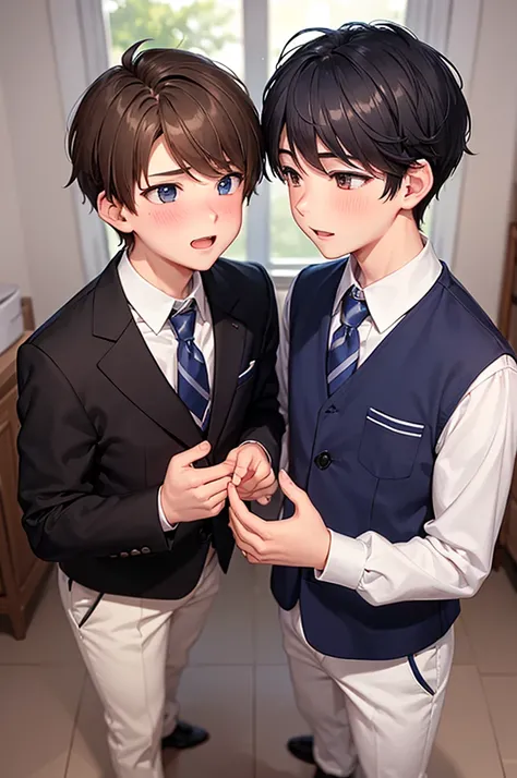 2boy,(cute junior boy proposes to handsome senior boy),boys school-uniform, small mouth,nose blush,at school,evening time,Diversity,

beautiful lighting, dynamic angle, sharp,