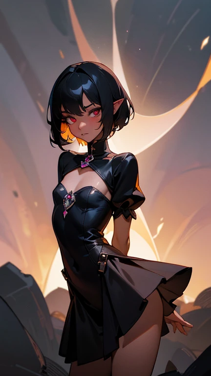 best quality,4k,highres),ultra detailed,realistic:1.37, dark elf, dark skin,, magical collar, dark black hair, short hair, small breasts, flat chest,  short  body, deep amber eyes, slave, , in a dark sex dungeon, submissive, shy, exposed, whispers of ecsta...