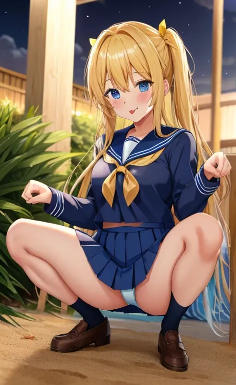 Beautiful long blonde hair　eager pet pose　On the sand　high school girl　　Pleated skirt　　mini skirt　Black Sailor Suit　Shyness　　blue eyes　　Watery eye　Pee　Garden at Night　Stick out your tongue　