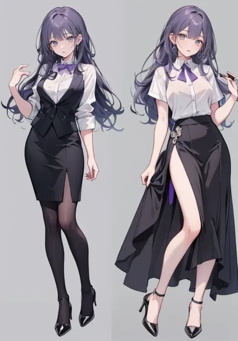 ((Perfect Face)),Purple Hair,voluminous long hair,Adult female,bartender,suit,Black vest,((A shirt with rolled up sleeves)),tie,skirt,slit,High heels,,((Simple Background)),smile,((Full Body)),((full body)),Character portrait,virtual,upright,,Both arms are...