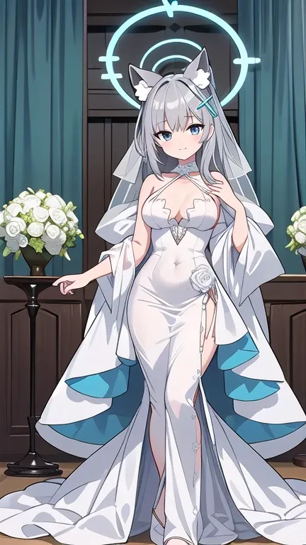 shiroko_bluearchive,beast ears,looking at viewer, little smile,pure white wedding dress, wedding ceremony, slim, dizzy, big-chest, wide hips, perfect waist, day atmosphere, hair ornament, standing, full body,