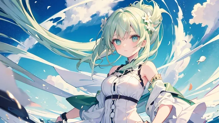 Anime Style,highest quality, masterpiece,Green and white hair,  iris,Simple Background,One Girl, fluid movement,classical