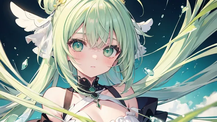 Anime Style,highest quality, masterpiece,Green and white hair,  iris,Simple Background,One Girl, fluid movement,classical